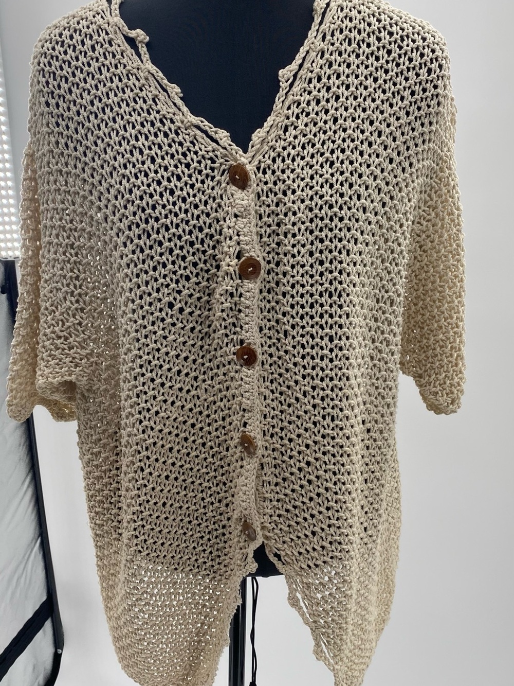 Lightweight Cream Open-Knit Button Cardigan